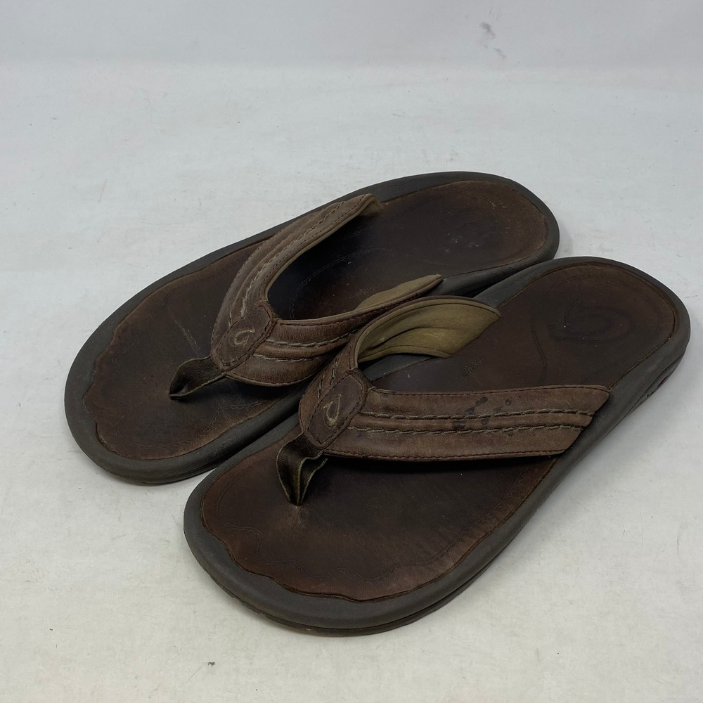 Olukai Hokua Leather Mens Flip Flop Sandals Dark Wood Brown 10312-6363 Size 11